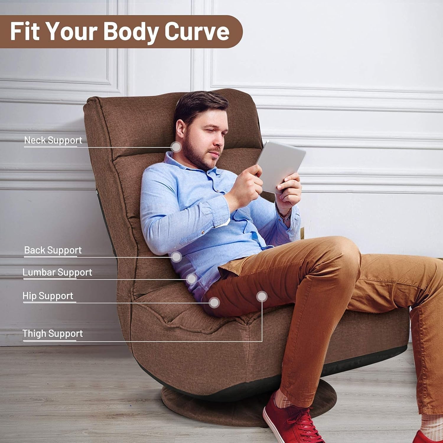 Killeryuki 360 Degree Swivel Gaming Chair, 6 Position Adjustable Folding Floor Chair, 300lb Spring Support, Comfortable Padded Backrest, Lazy Sofa Chair Game Rocker for Teens Adults (Coffee)