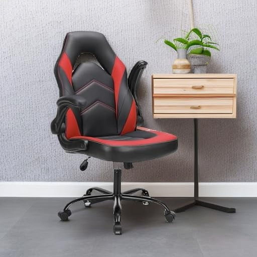 Ergonomic Computer Gaming Chair - Home Office Desk with PU Leather Lumbar Support, Height Adjustable Big and Tall Video Game with Flip-up Armrest, Swivel Wheels for Adults and Teens