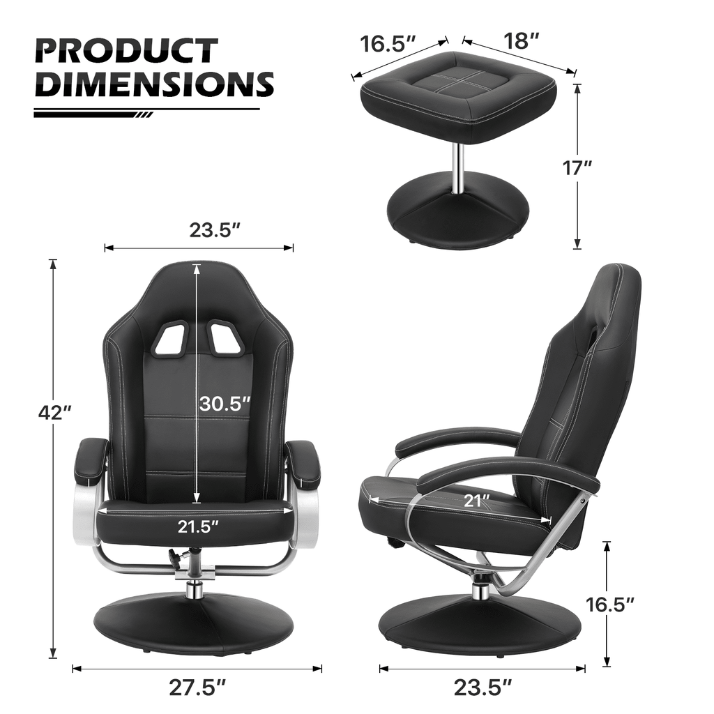 MoNiBloom Recliner Chair with Ottoman, Adjustable Upholstered Video Gaming Chair, PU Leather Swivel Recliner with Footrest and Armrest, Black