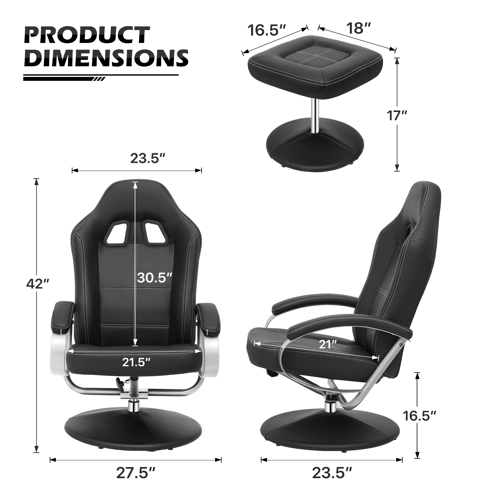 MoNiBloom Recliner Chair with Ottoman, Adjustable Upholstered Video Gaming Chair, PU Leather Swivel Recliner with Footrest and Armrest, Black