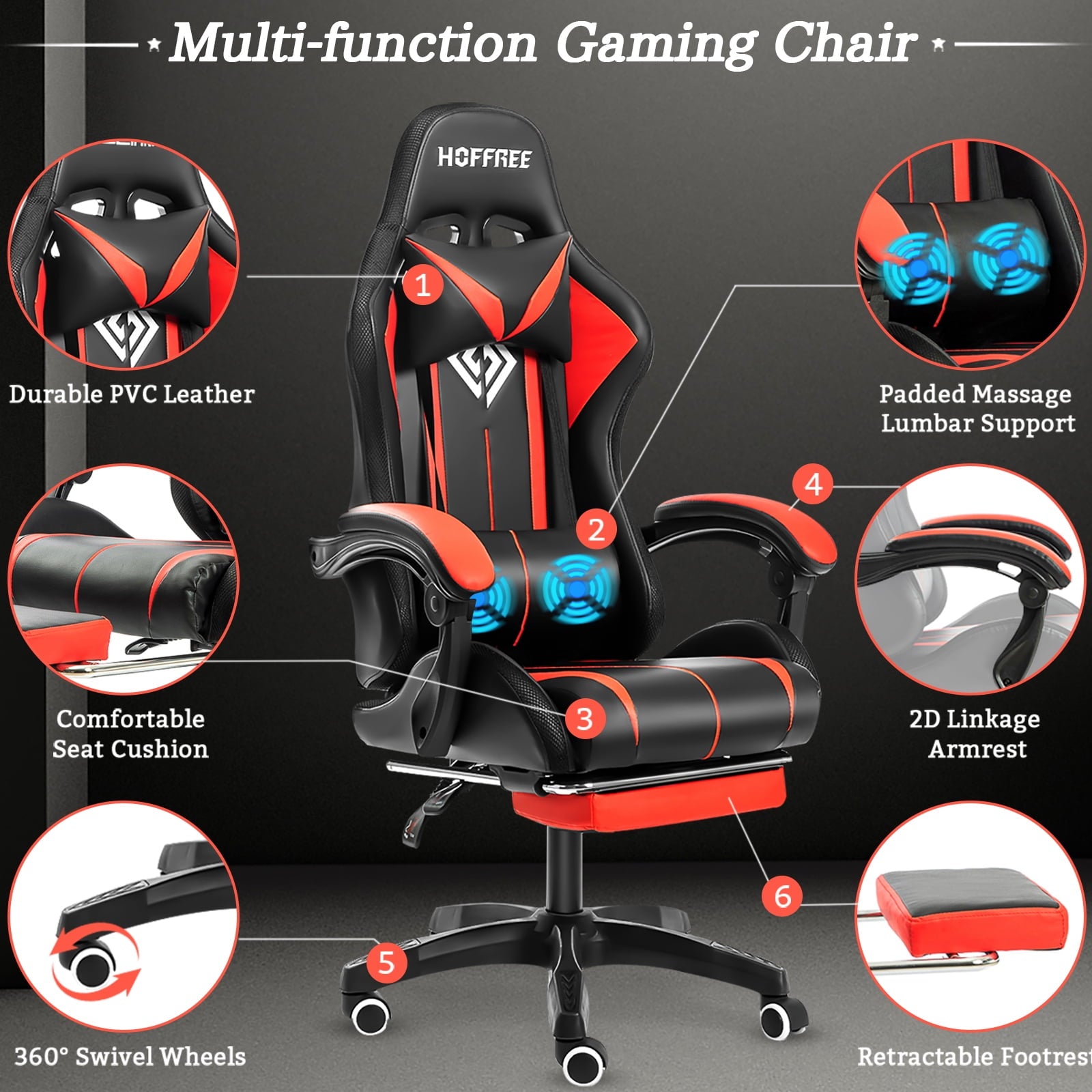 Gaming Chair with Bluetooth Speaker, Ergonomic Massage Racing Chair with RGB Lights, Footrest and Lumbar Support, High Back Office Chair,  Heavy Duty Design Gaming Computer Chair