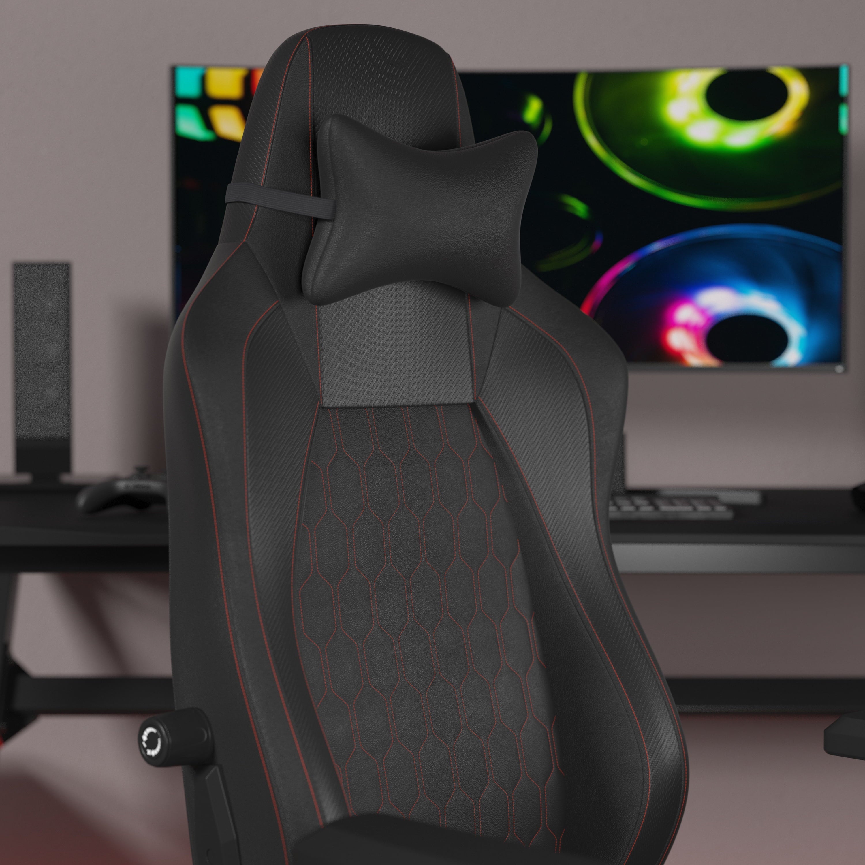 EMMA + OLIVER Gaming Chair with Adjustable Lumbar Support and Head Pillow, Black/Red