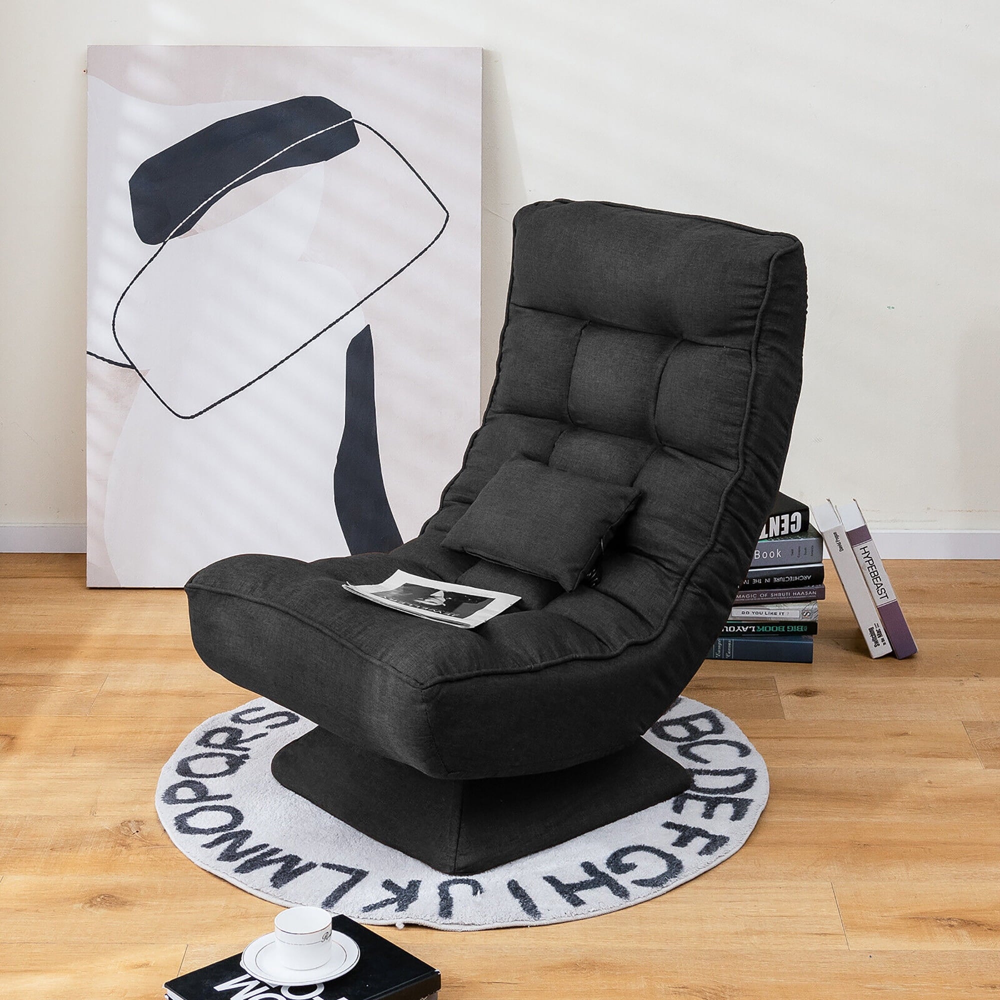 Costway 360° Swivel Floor Chair 5-Level Adjustable Lazy Chair w/ Massage Pillow Black