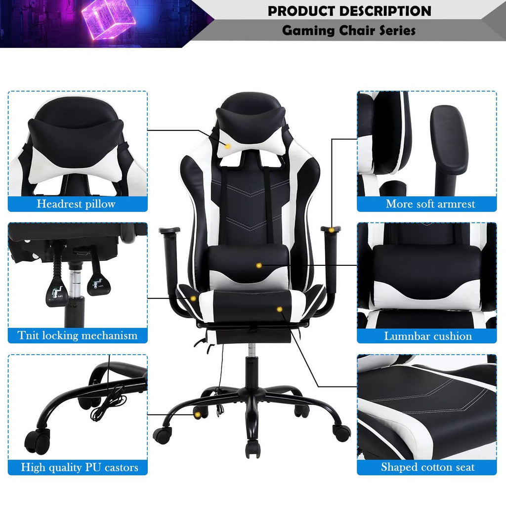 YRLLENSDAN Adjustable Office Chair with Lumbar Support, Reclining Gaming Chair with Massager, Ergonomic High Back Computer Chair with Footrest and Lumbar Support, White