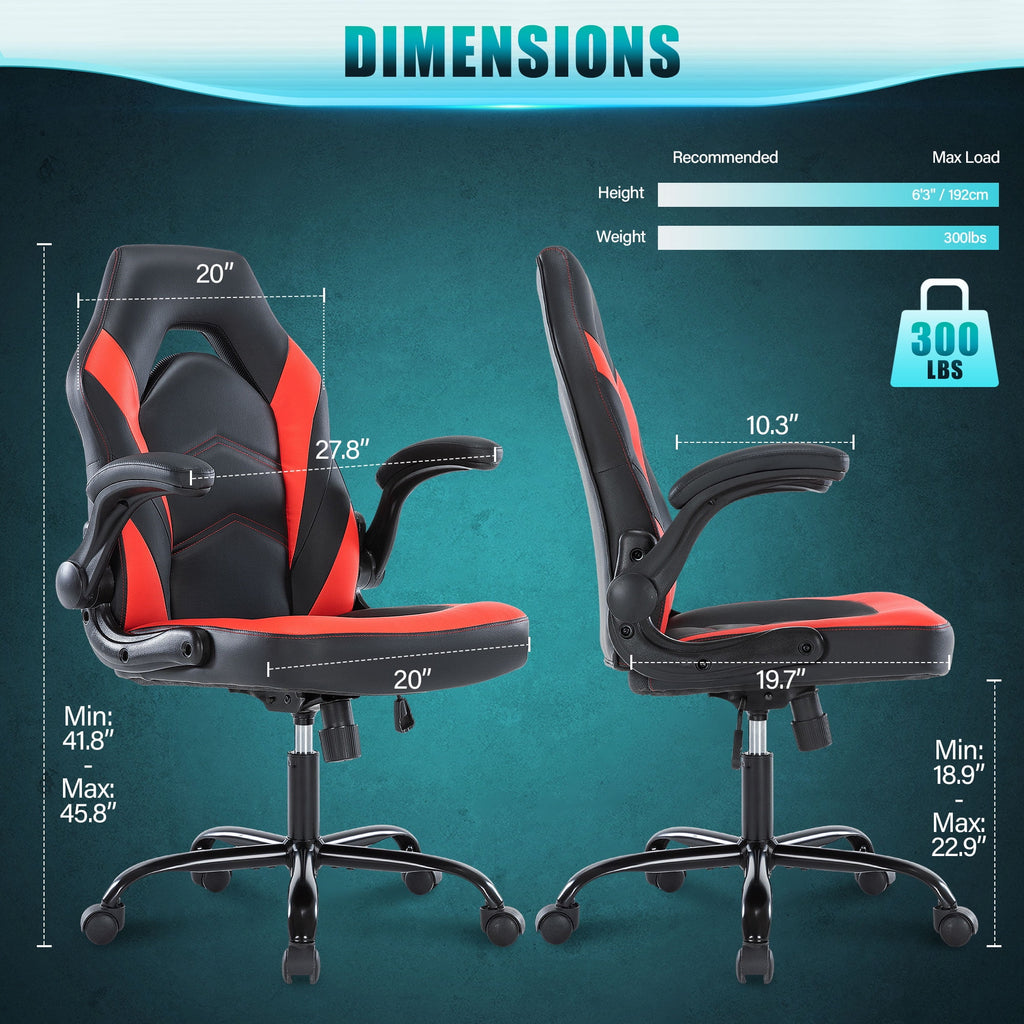 JONPONY Ergonomic Gaming Desk Chair - Adjustable PU Leather Swivel Racing Chair with Flip-up Armrests for Home Office and Entertainment, Perfect for Adults, Kids, and Gamers, Black Red