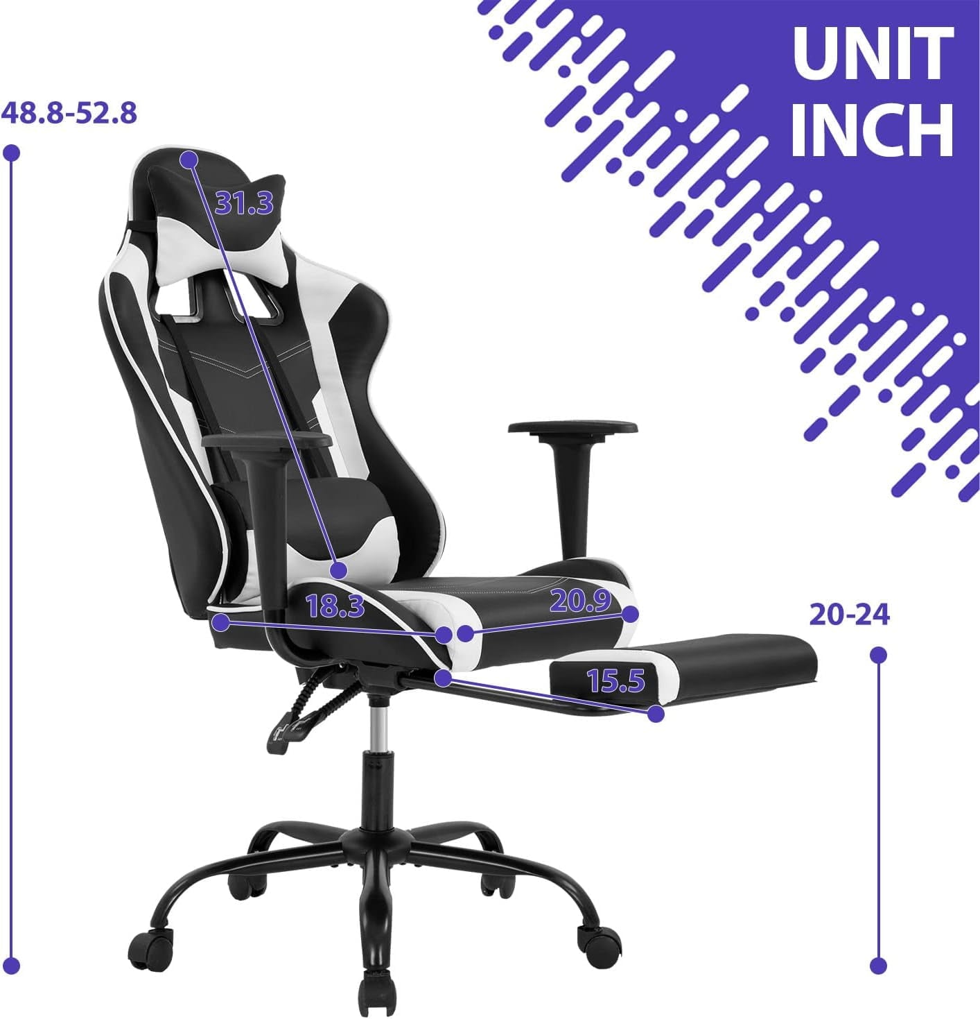 FDW White Gaming Chair - Ergonomic High Back w/Footrest & Lumbar Support， Racing Style Office Chair