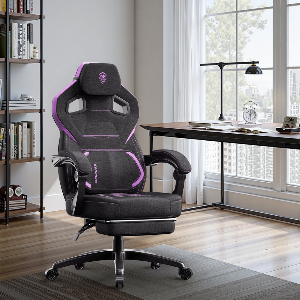 Dowinx Ergonomic Fabric Gaming Chair with Adjustable Footrest & Lumbar Massage - High-Back Computer Office Chair for Adults, 300 lb Weight Capacity (Purple)