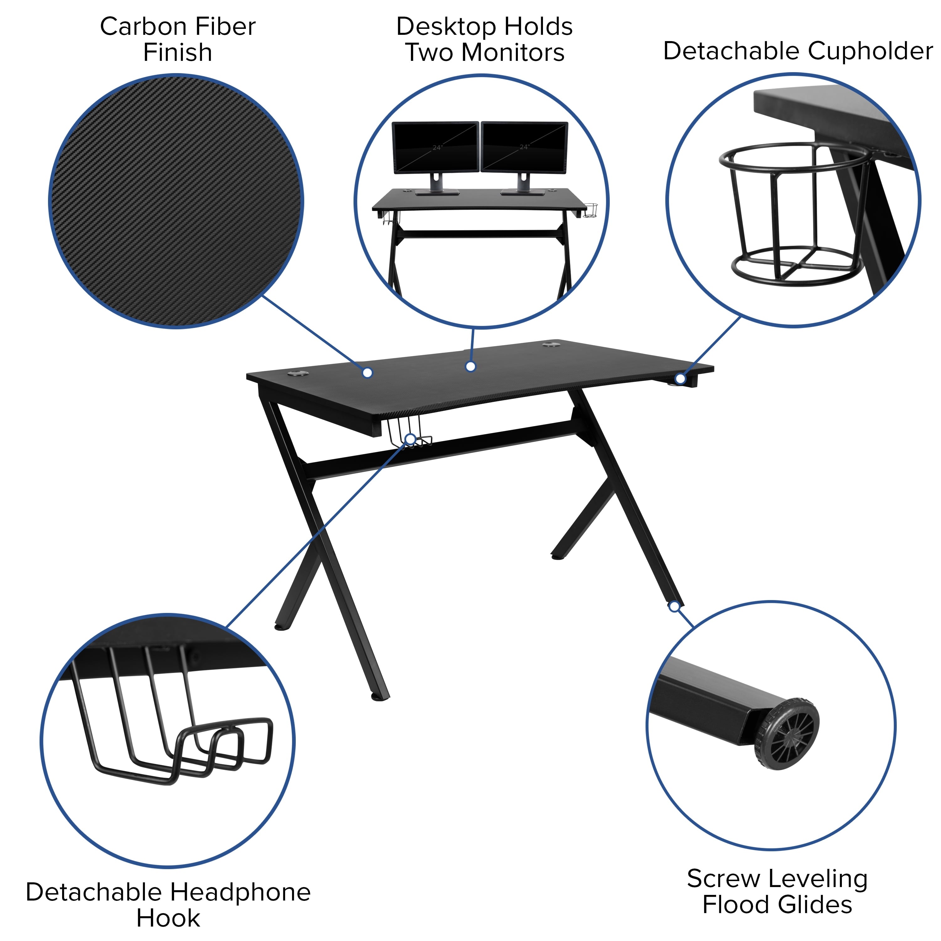 Emma + Oliver Black/Black Gaming Desk Set - Cup/Headset Holder/Reclining & Footrest