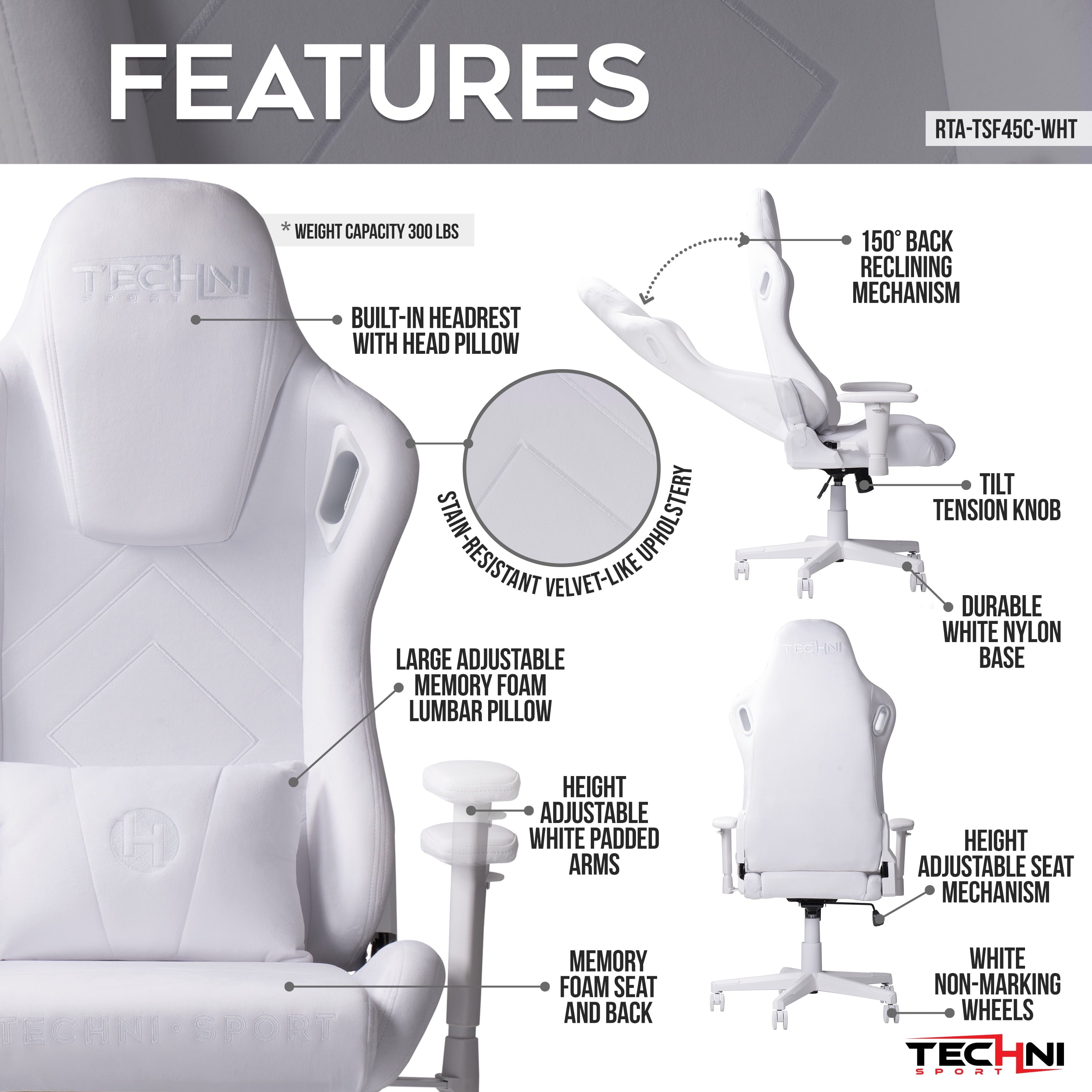 Techni Sport Velvet Gaming Chair, White RTA-TSF45C-WHT