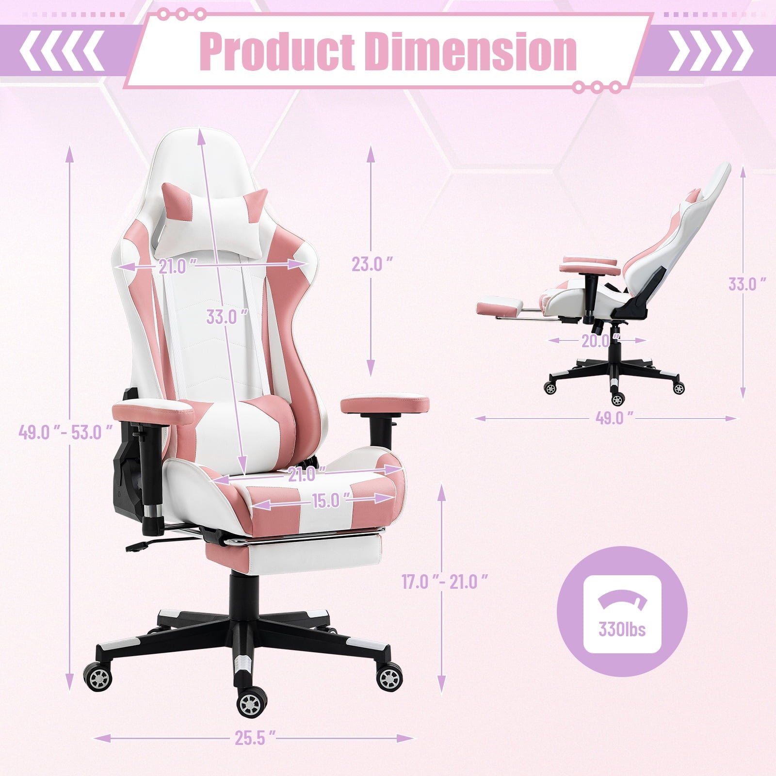 AVAWING Adult Gaming Chair, Ergonomic Leather Gaming Chair with Footrest, Lumbar Support and Headrest, Pink-White