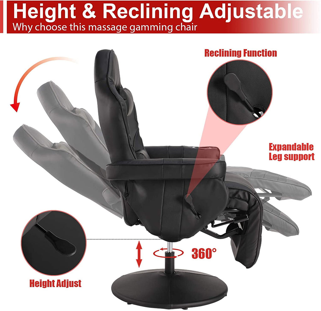 LVUYOYO Massage Video Gaming Recliner Chair Ergonomic Backrest & Seat Height Adjustment Swivel Recliner PU Leather High Back Computer Office Chair with Cupholder, Headrest, Lumbar Support, Footrest