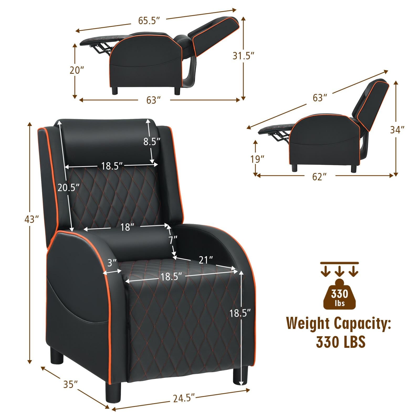 Giantex Massage Gaming Recliner Chair, PU Ergonomic Single Sofa w/Headrest, Lumbar Support, Racing Style, Reclining Home Theater Seating, Orange