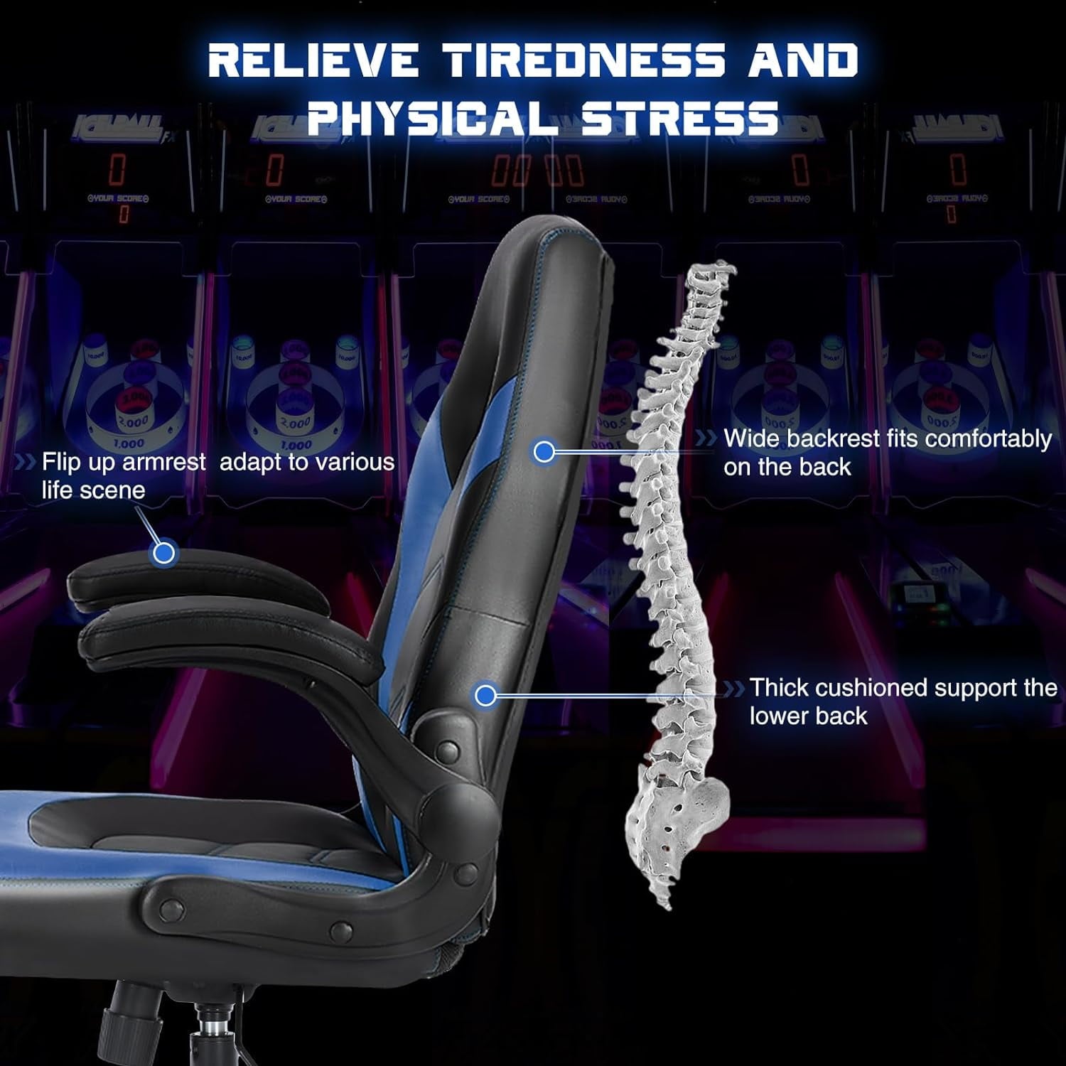 Ergonomic Computer Gaming Chair - Home Office Desk with PU Leather Lumbar Support, Height Adjustable Big and Tall Video Game with Flip-up Armrest, Swivel Wheels for Adults and Teens