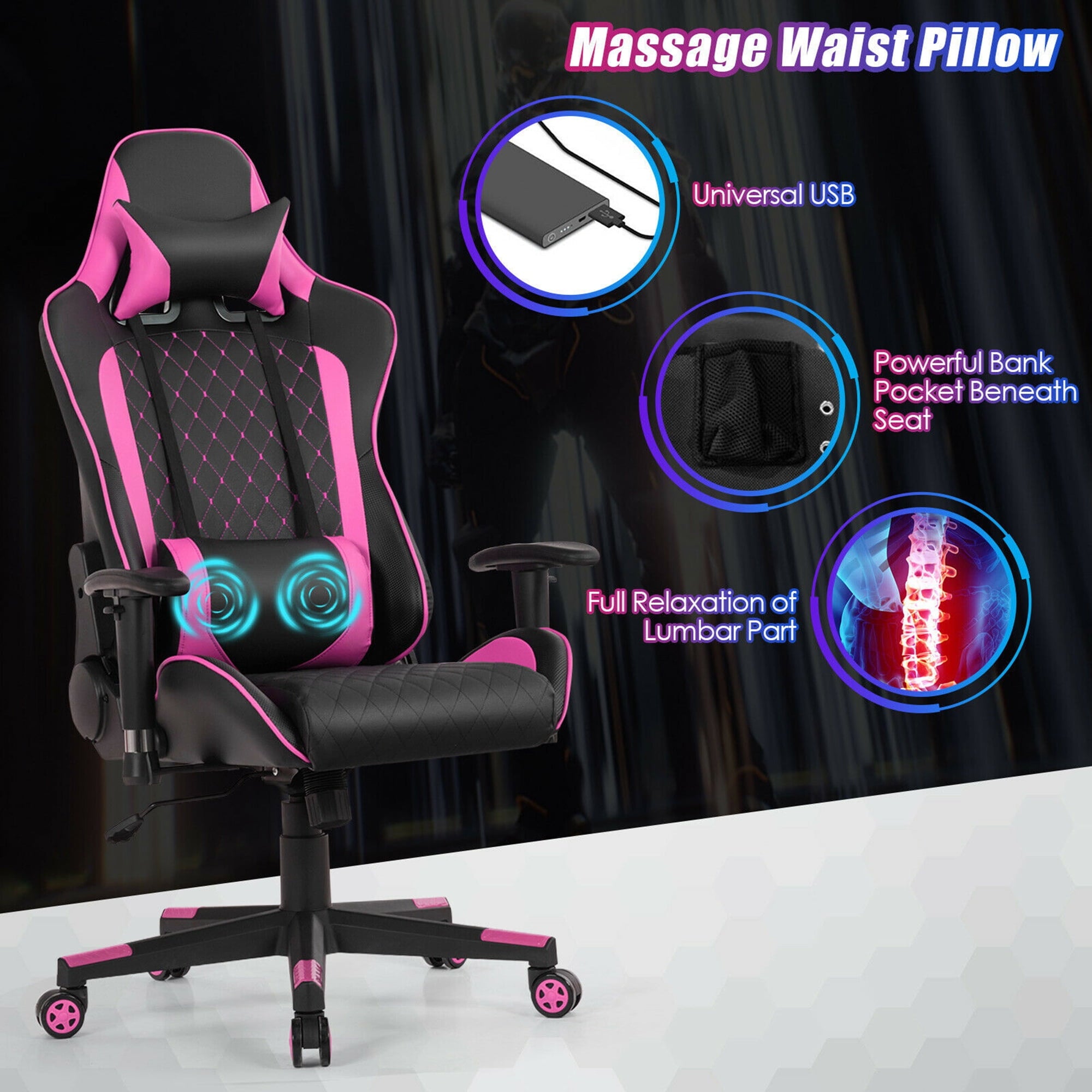 Gymax Gaming Desk&Massage Gaming Chair Set w/Headphone Hook & Game Storage Pink