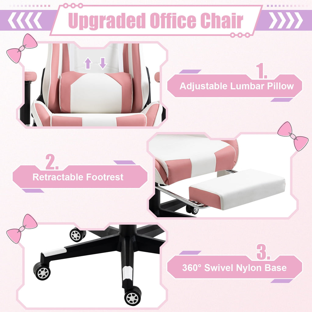 AVAWING Adult Gaming Chair, Ergonomic Leather Gaming Chair with Footrest, Lumbar Support and Headrest, Pink-White