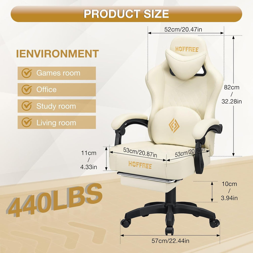 HOFFREE Gaming Chair Computer Chair with Speakers Massage Game Chairs with Footrest Bluetooth High Back Ergonomic Computer Gaming Chairs for Adults Reclining Video Gamer Chair Ivory