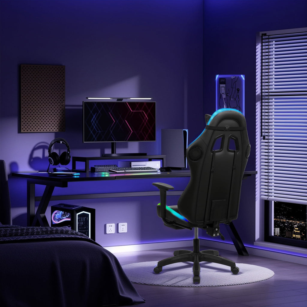 AQRS Gaming Chair with Retractable Footrest, 350lbs Load Capacity Office Executive Chair with Two Bluetooth-compatible Speakers, Multiple RGB LED Light Modes 360 Degree Rotation Game Chair