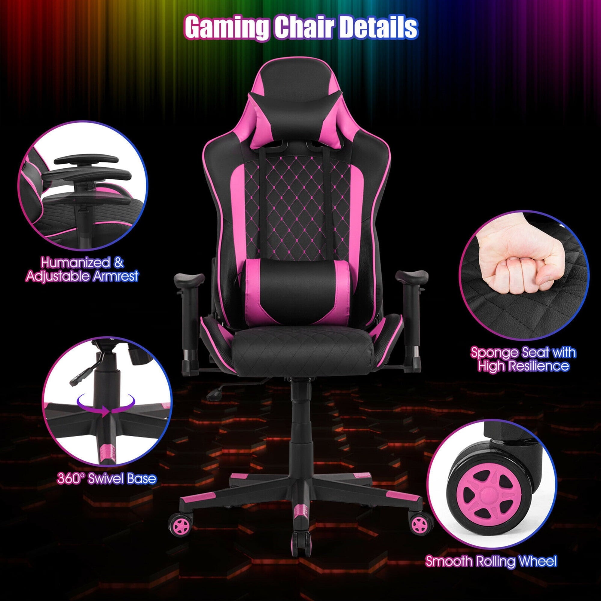 Gymax Gaming Desk&Massage Gaming Chair Set w/Headphone Hook & Game Storage Pink