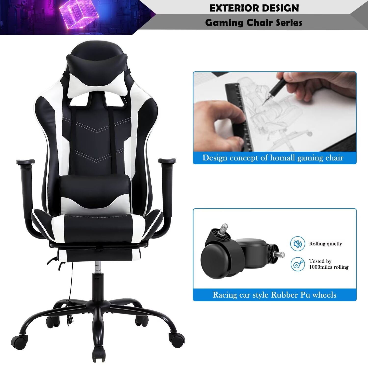 YRLLENSDAN Adjustable Office Chair with Lumbar Support, Reclining Gaming Chair with Massager, Ergonomic High Back Computer Chair with Footrest and Lumbar Support, White
