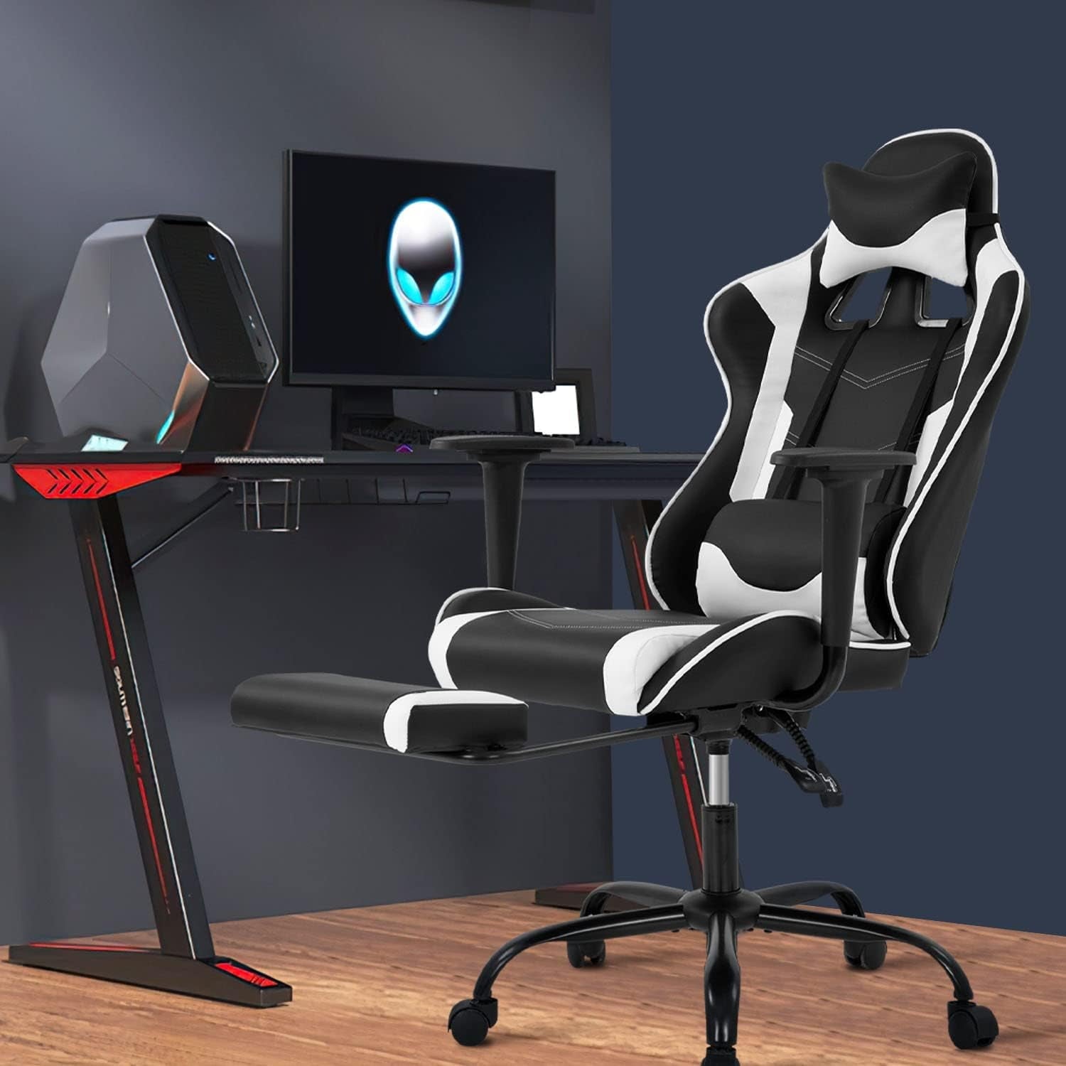 FDW White Gaming Chair - Ergonomic High Back w/Footrest & Lumbar Support， Racing Style Office Chair