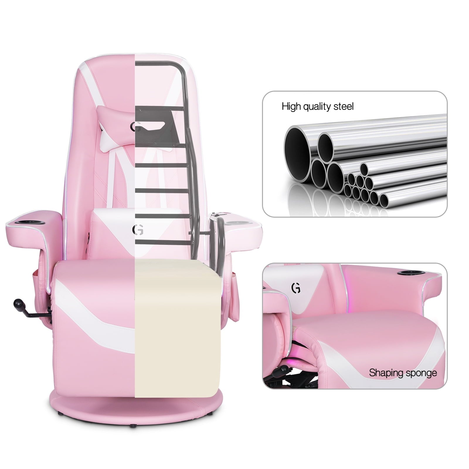 Queen Throne Racing Gaming Chair with Footrest and Adjustable Backrest Ergonomic Recliner High Back Swivel Chair with RGB LED Lights, Massage Lumbar Support, Headrest and Cupholders, Pink White