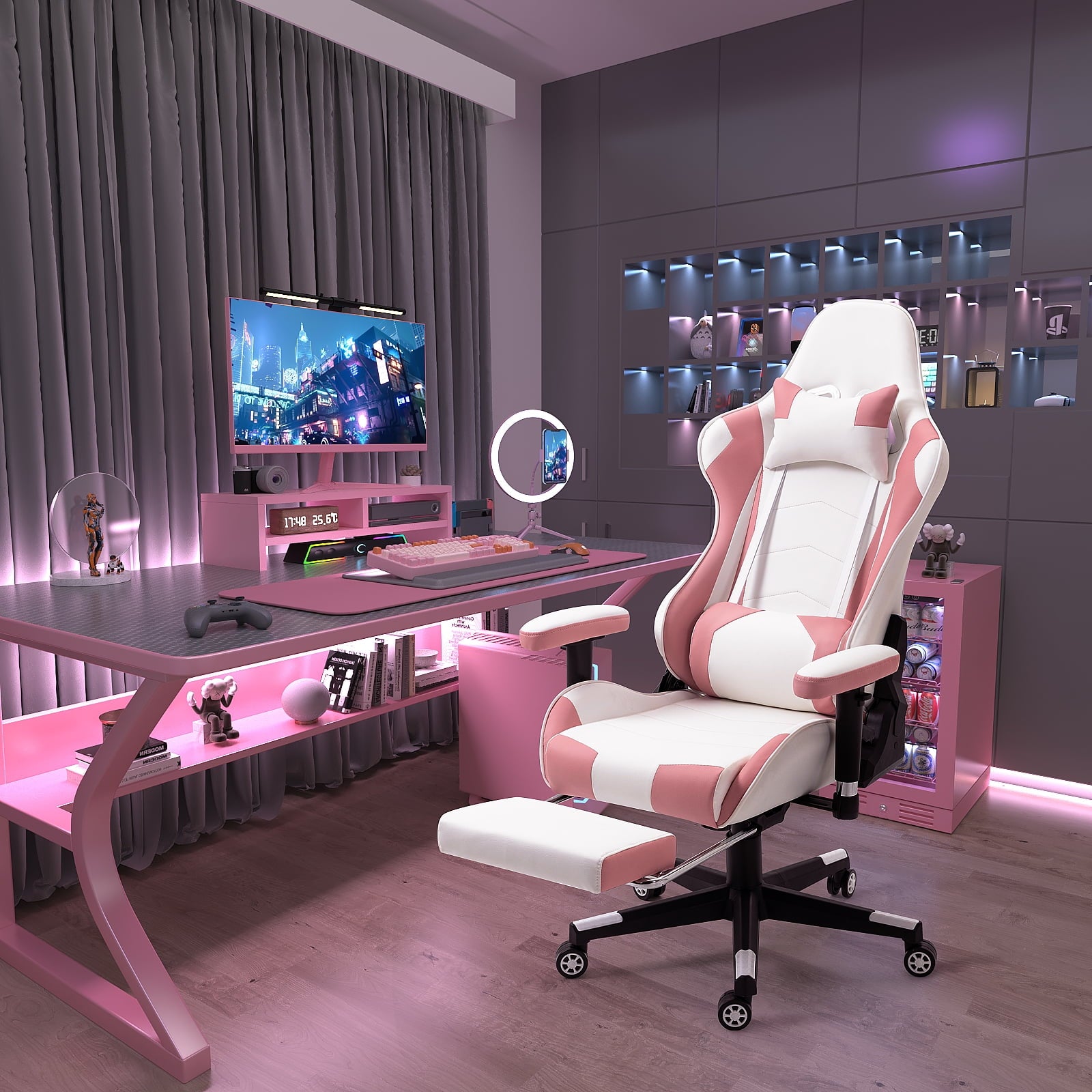 AVAWING Adult Gaming Chair, Ergonomic Leather Gaming Chair with Footrest, Lumbar Support and Headrest, Pink-White