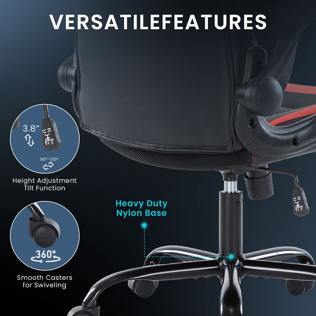 JONPONY Ergonomic Gaming Desk Chair - Adjustable PU Leather Swivel Racing Chair with Flip-up Armrests for Home Office and Entertainment, Perfect for Adults, Kids, and Gamers, Black Red