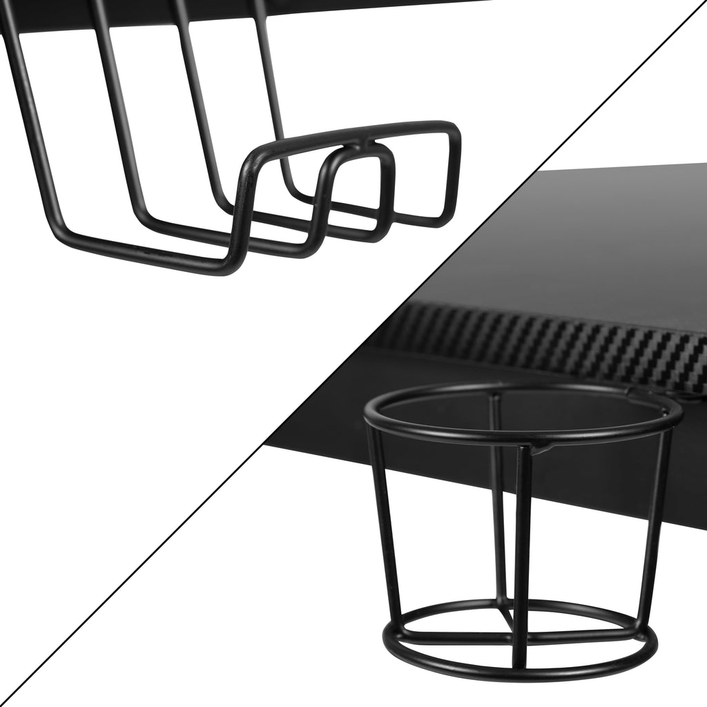 Emma + Oliver Black/Black Gaming Desk Set - Cup/Headset Holder/Reclining & Footrest