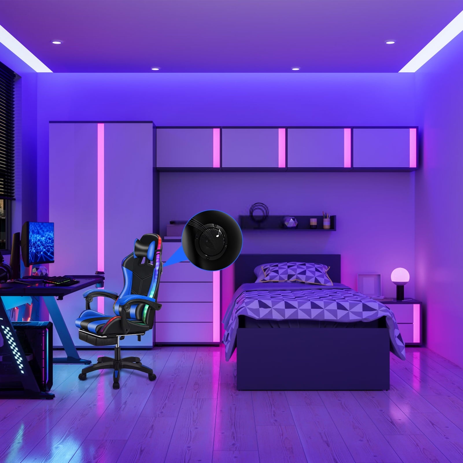 Gaming Chair with Bluetooth Speakers and LED Lights Ergonomic Massage Video Game Chair with Footrest High Back with Lumbar Support Blue and Black