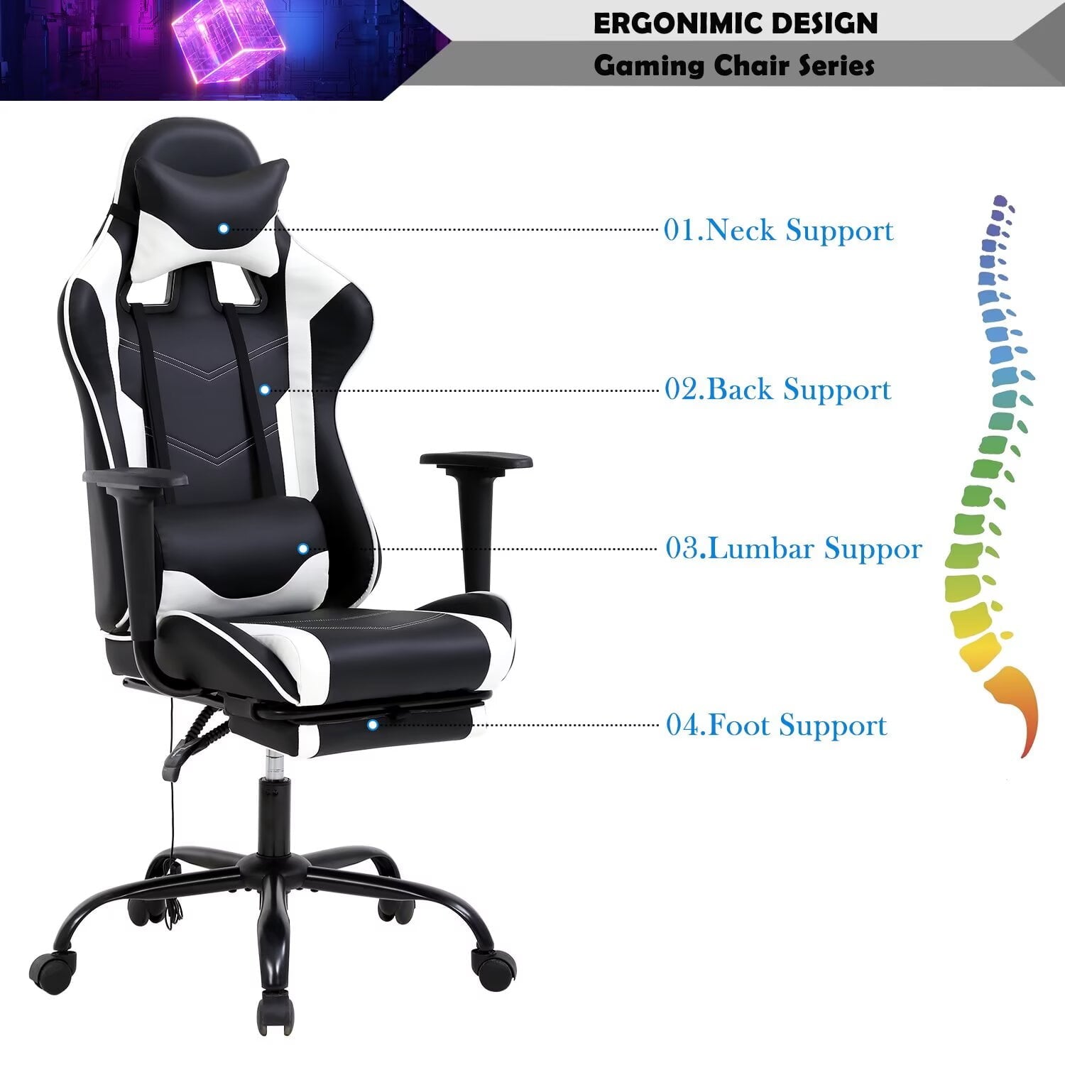 YRLLENSDAN Adjustable Office Chair with Lumbar Support, Reclining Gaming Chair with Massager, Ergonomic High Back Computer Chair with Footrest and Lumbar Support, White