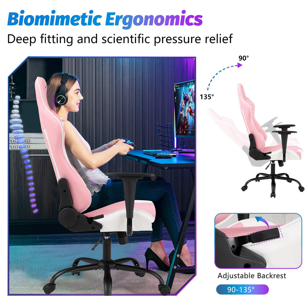 PayLessHere Gaming Chair - Ergonomic w/Lumbar Support & Headrest，Rolling Swivel for PC Gamer (Pink)