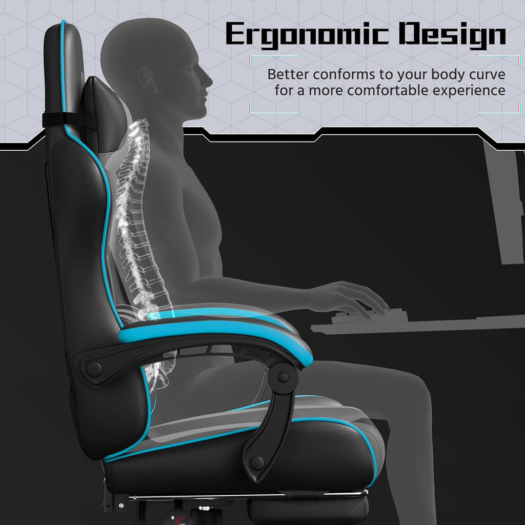 Gaming Chair, Video Game Chair with Massage Lumbar Support and Footrest Height Adjustable Ergonomic Computer Chair with Swivel Seat and Headrest, Black/Gray