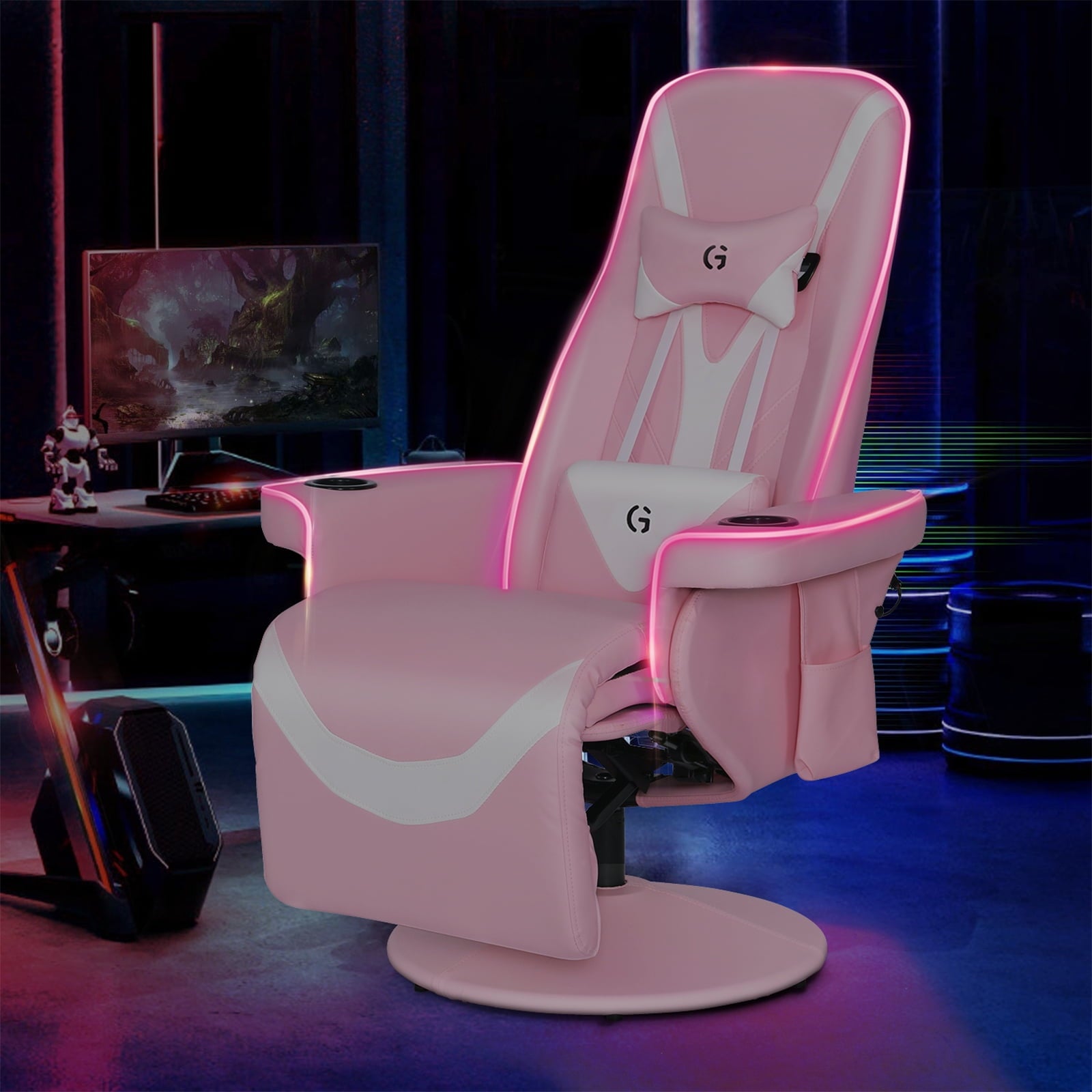 Queen Throne Racing Gaming Chair with Footrest and Adjustable Backrest Ergonomic Recliner High Back Swivel Chair with RGB LED Lights, Massage Lumbar Support, Headrest and Cupholders, Pink White