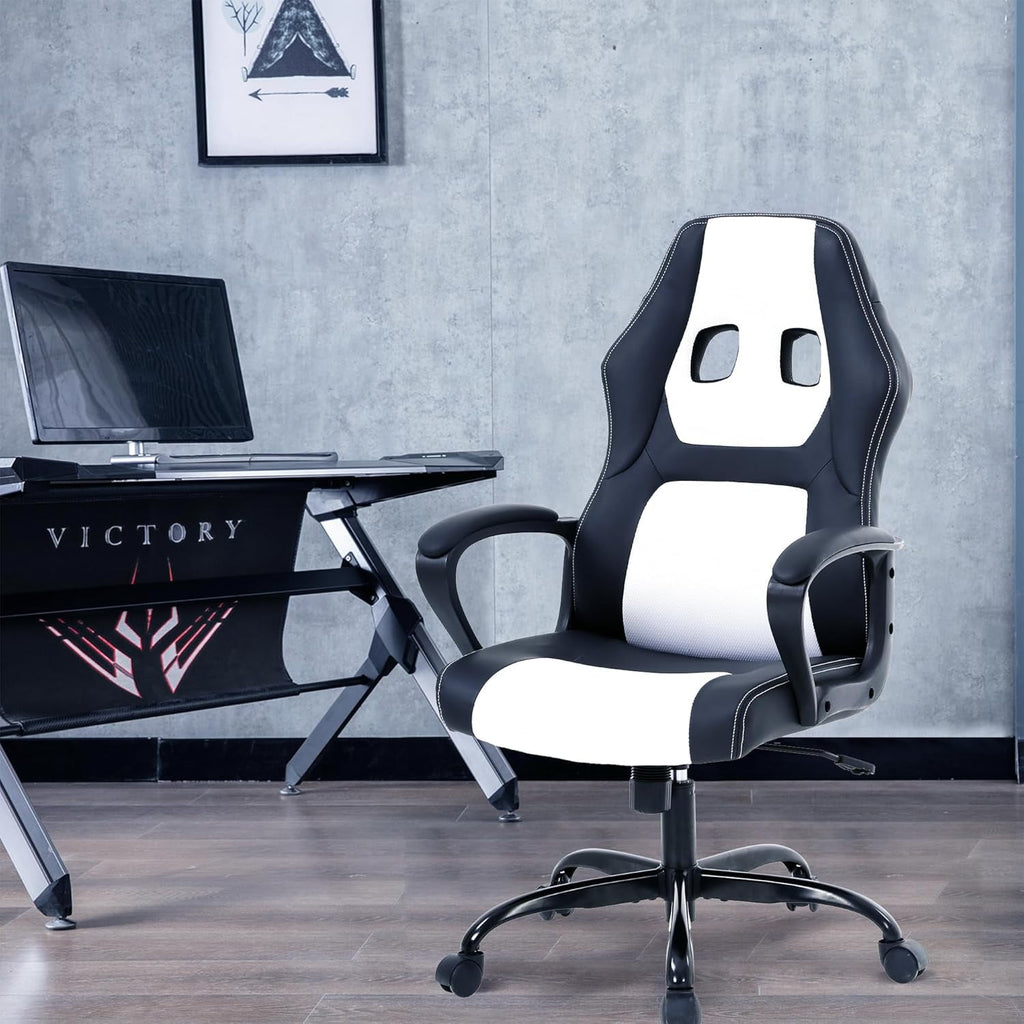 White Massage Gaming Chair for , Ergonomic Office Chair Computer Chair with Adjustable High Back & Armrest, Leather Gamer Chair with 360°Swivel, Heavy Duty Gaming Chairs for Adults, Teens