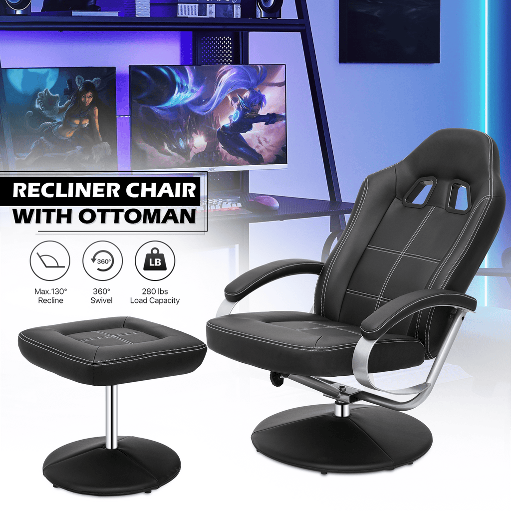 MoNiBloom Recliner Chair with Ottoman, Adjustable Upholstered Video Gaming Chair, PU Leather Swivel Recliner with Footrest and Armrest, Black