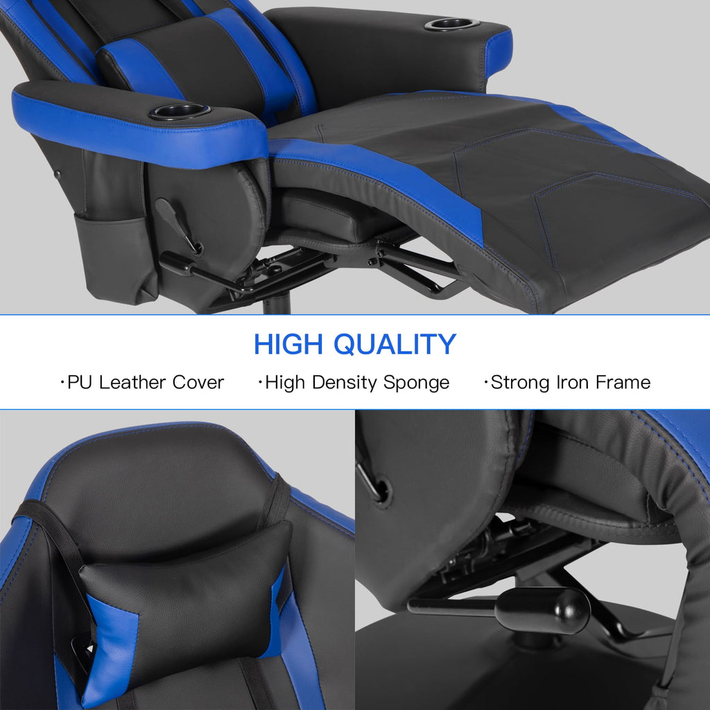Video Gaming Chair Recliner Ergonomic High Back Swivel Reclining Chair with Cupholder, Headrest, Lumbar Support, Adjustable Backrest and Footrest, Black Blue