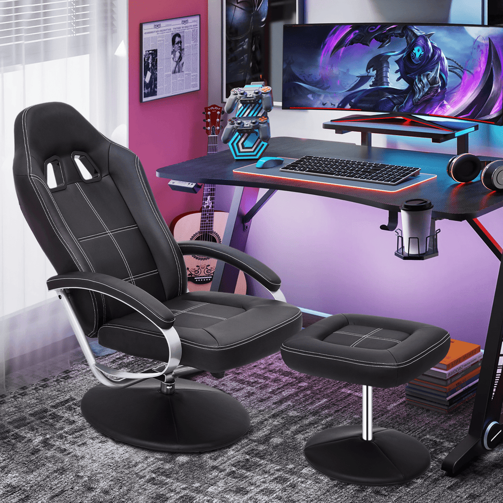 MoNiBloom Recliner Chair with Ottoman, Adjustable Upholstered Video Gaming Chair, PU Leather Swivel Recliner with Footrest and Armrest, Black