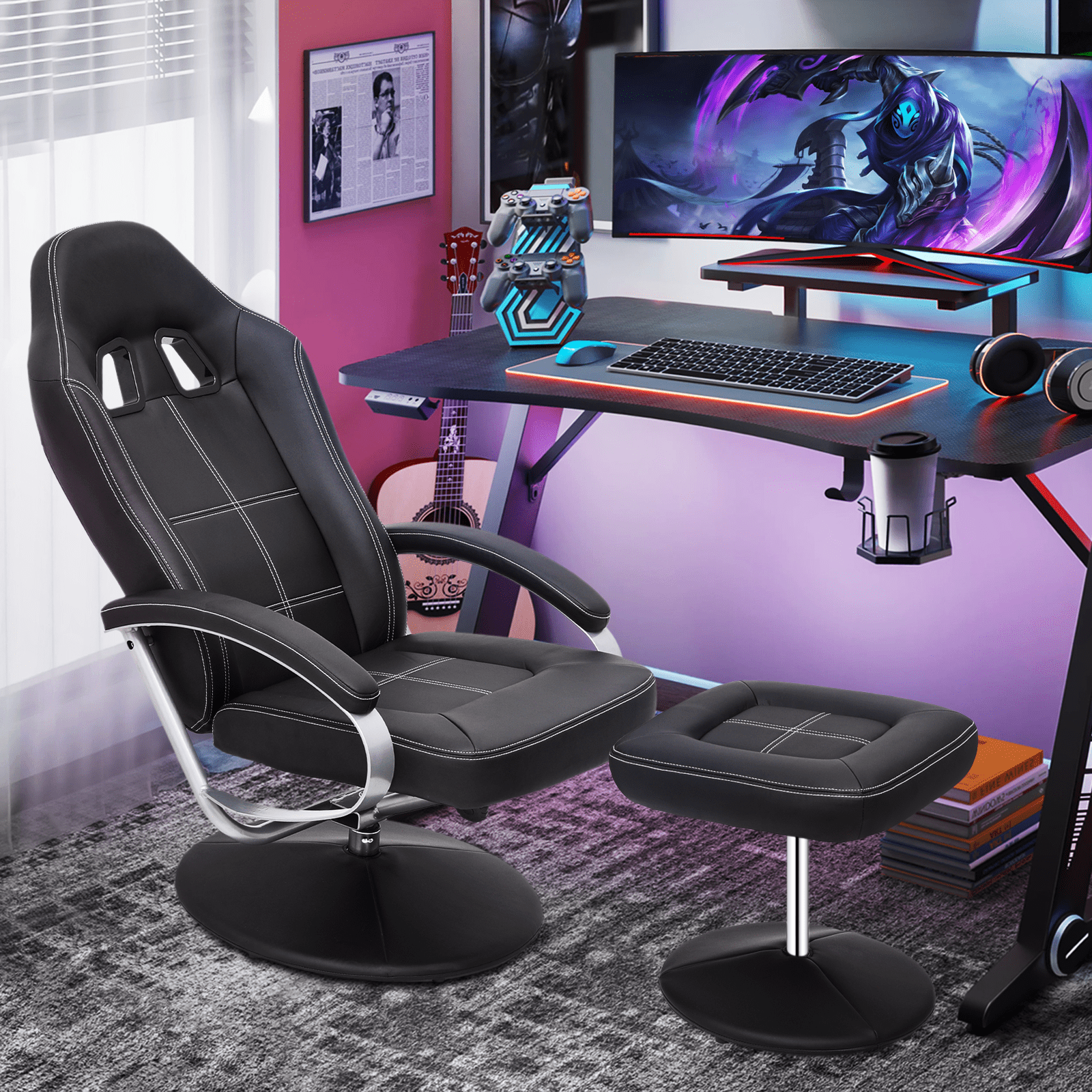 MoNiBloom Recliner Chair with Ottoman, Adjustable Upholstered Video Gaming Chair, PU Leather Swivel Recliner with Footrest and Armrest, Black