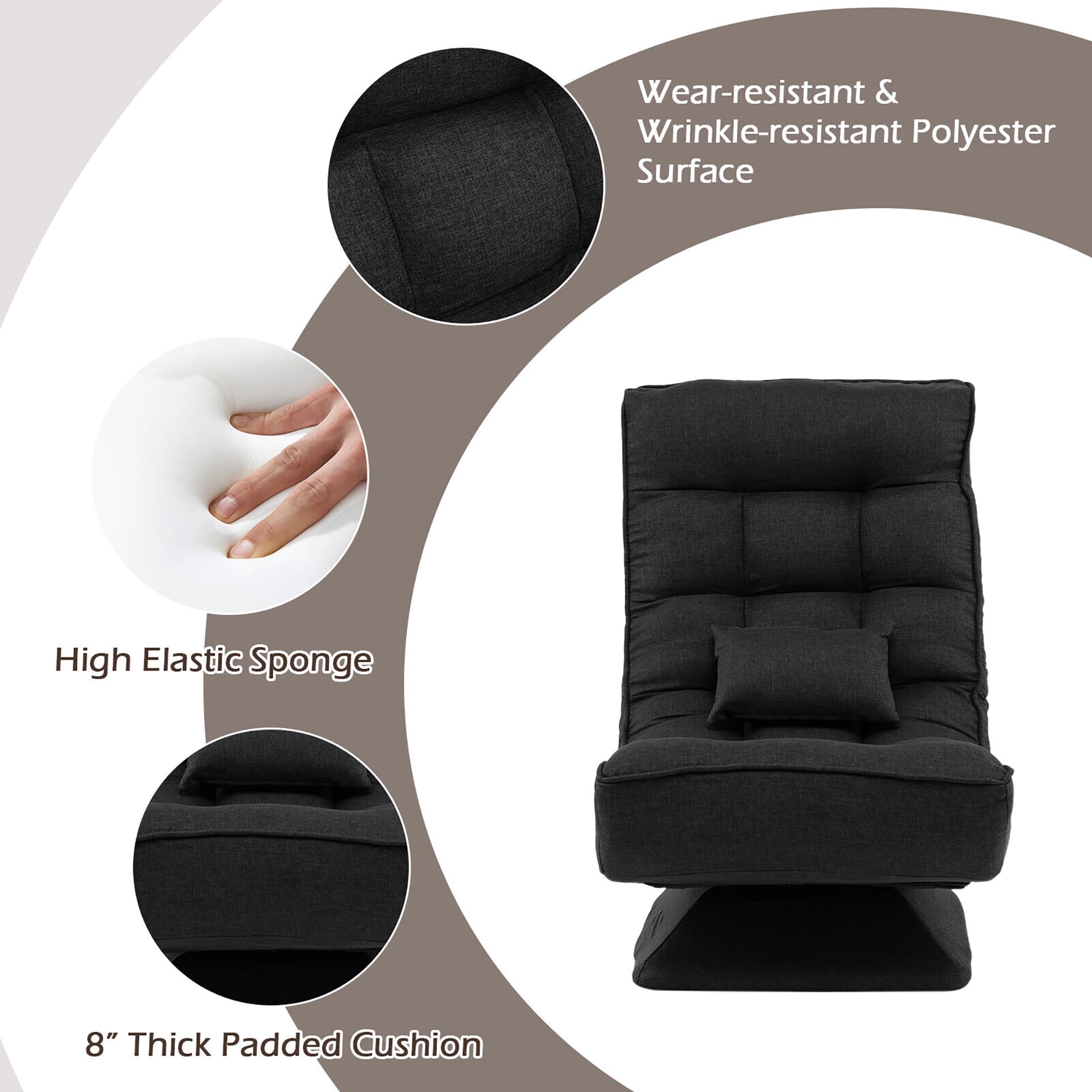 Costway 360° Swivel Floor Chair 5-Level Adjustable Lazy Chair w/ Massage Pillow Black