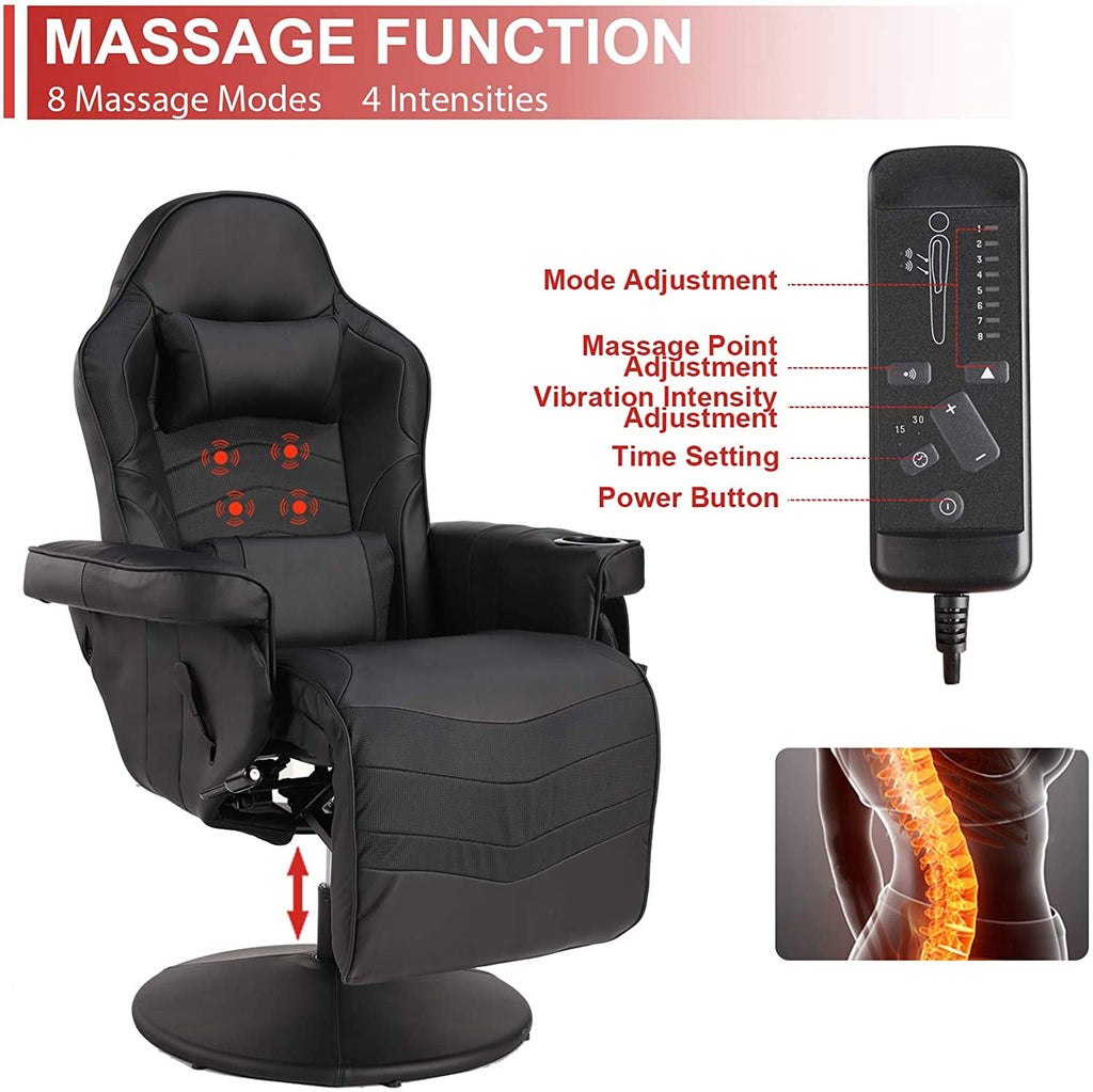 LVUYOYO Massage Video Gaming Recliner Chair Ergonomic Backrest & Seat Height Adjustment Swivel Recliner PU Leather High Back Computer Office Chair with Cupholder, Headrest, Lumbar Support, Footrest