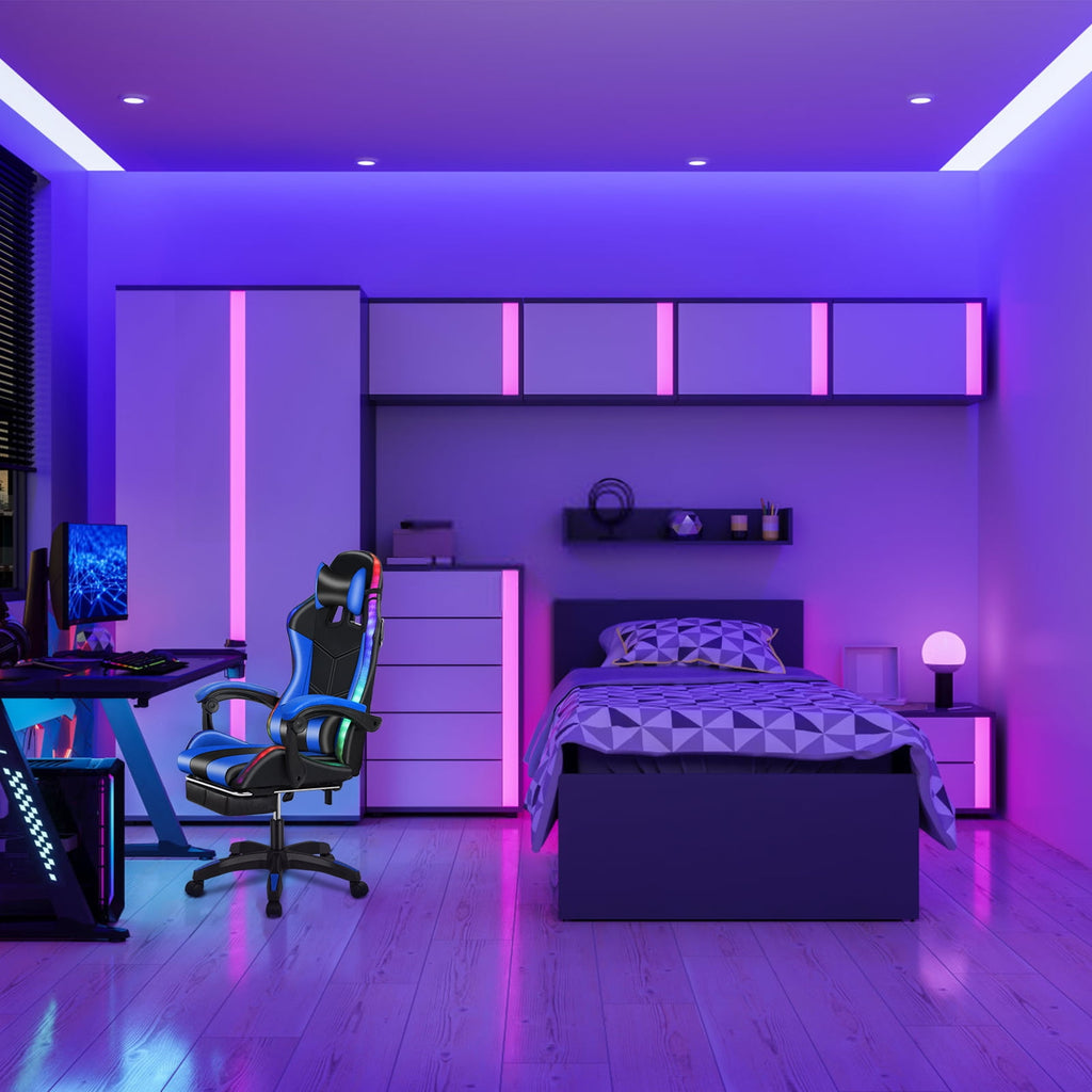 bestolf Gaming Chair with Footrest and RGB LED Lights,3 in 1, Massage Leather Game Chair for Adults, Big and Tall Video Game Chair with Headrest and Lumbar Support