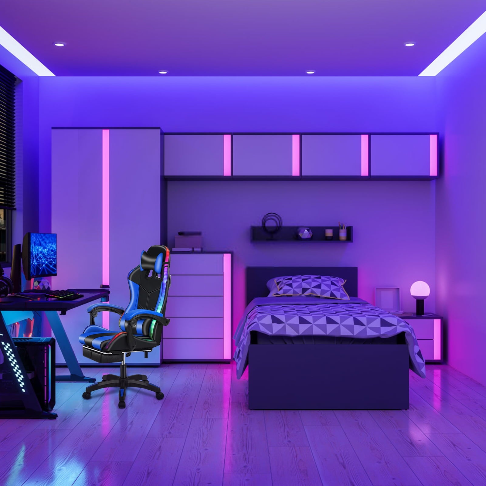bestolf Gaming Chair with Footrest and RGB LED Lights,3 in 1, Massage Leather Game Chair for Adults, Big and Tall Video Game Chair with Headrest and Lumbar Support