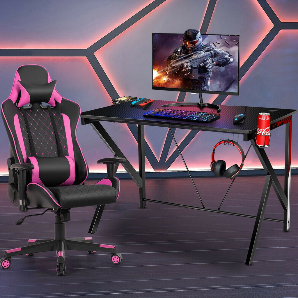 Gymax Gaming Desk&Massage Gaming Chair Set w/Headphone Hook & Game Storage Pink