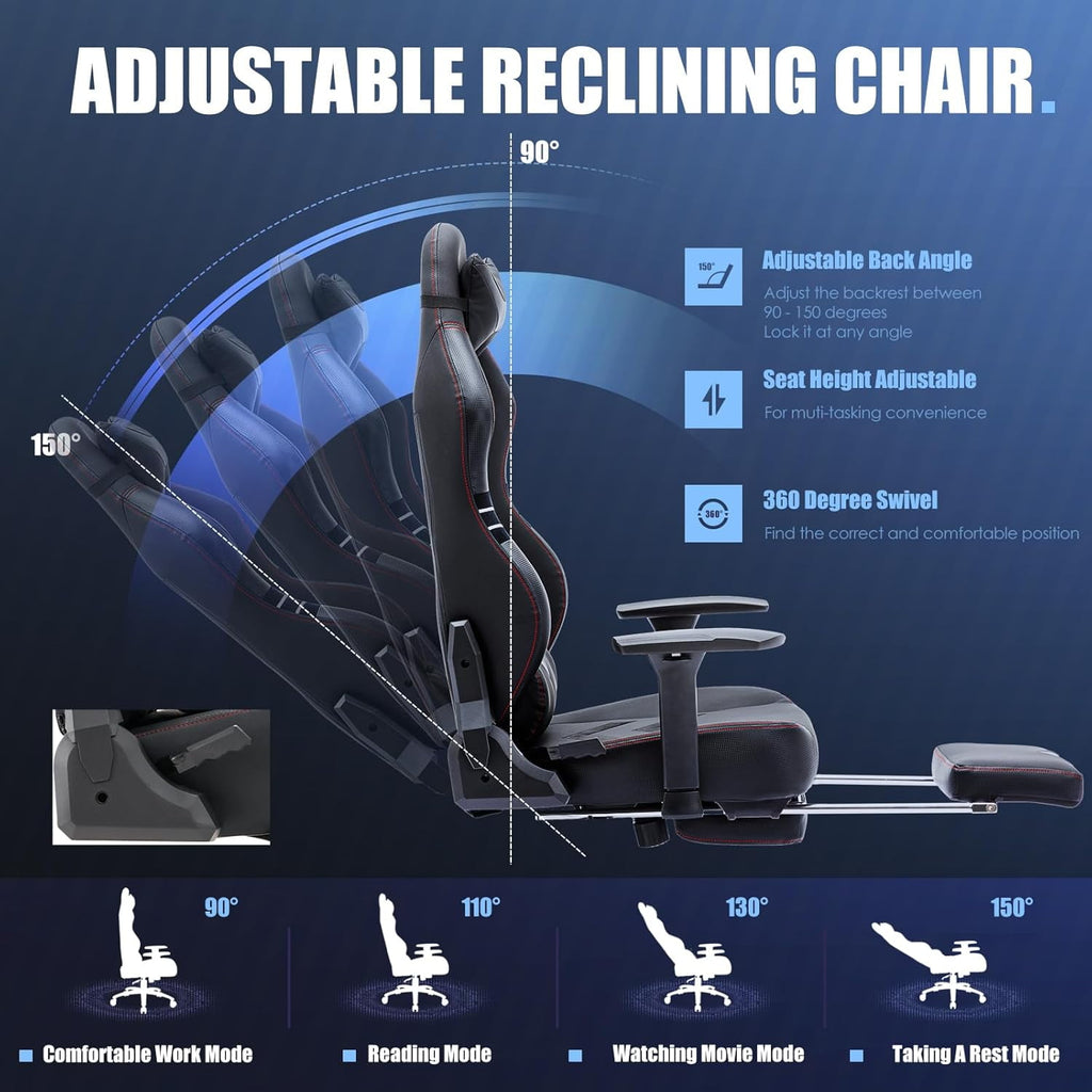 Big and Tall Gaming Chair with Footrest 350lbs-Racing Style Computer Gamer Chair, Ergonomic High Back PC Chair with Wide Seat, Reclining Back, 3D Armrest, Headrest and Lumbar Support for Adult-Black