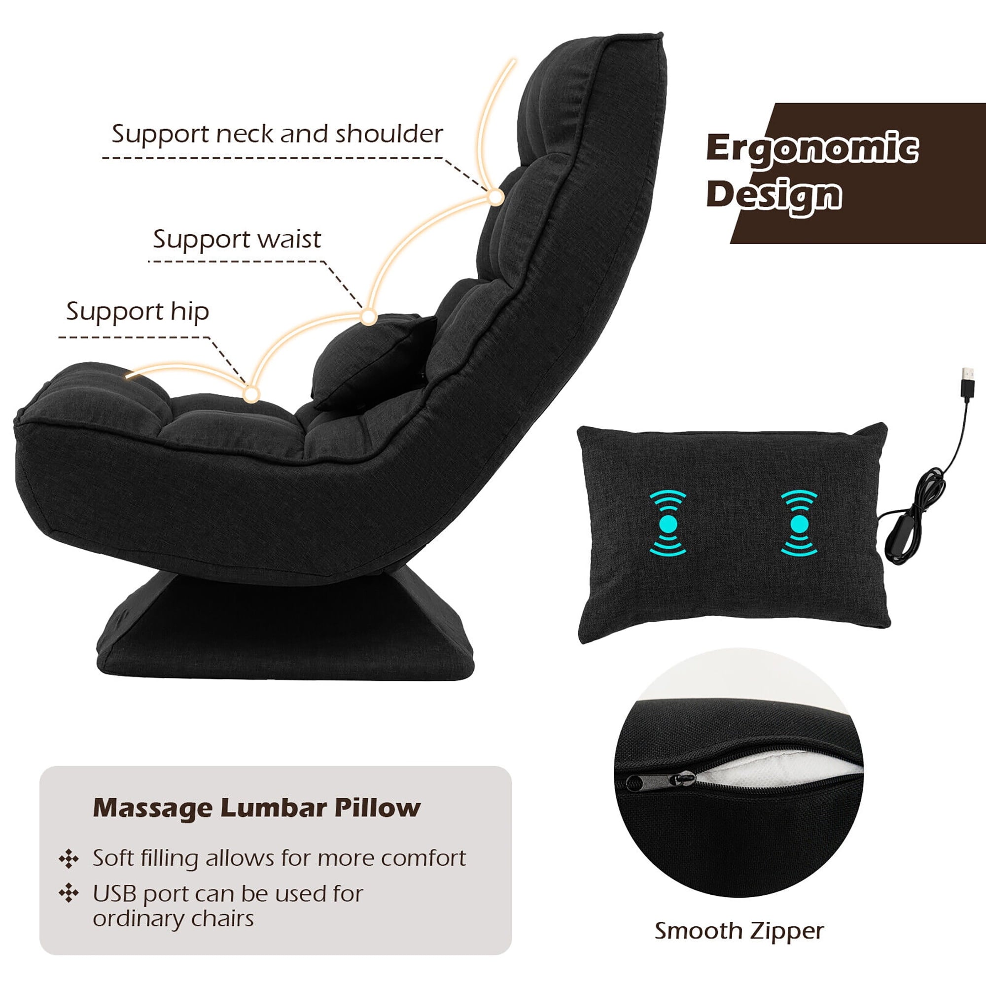 Costway 360° Swivel Floor Chair 5-Level Adjustable Lazy Chair w/ Massage Pillow Black
