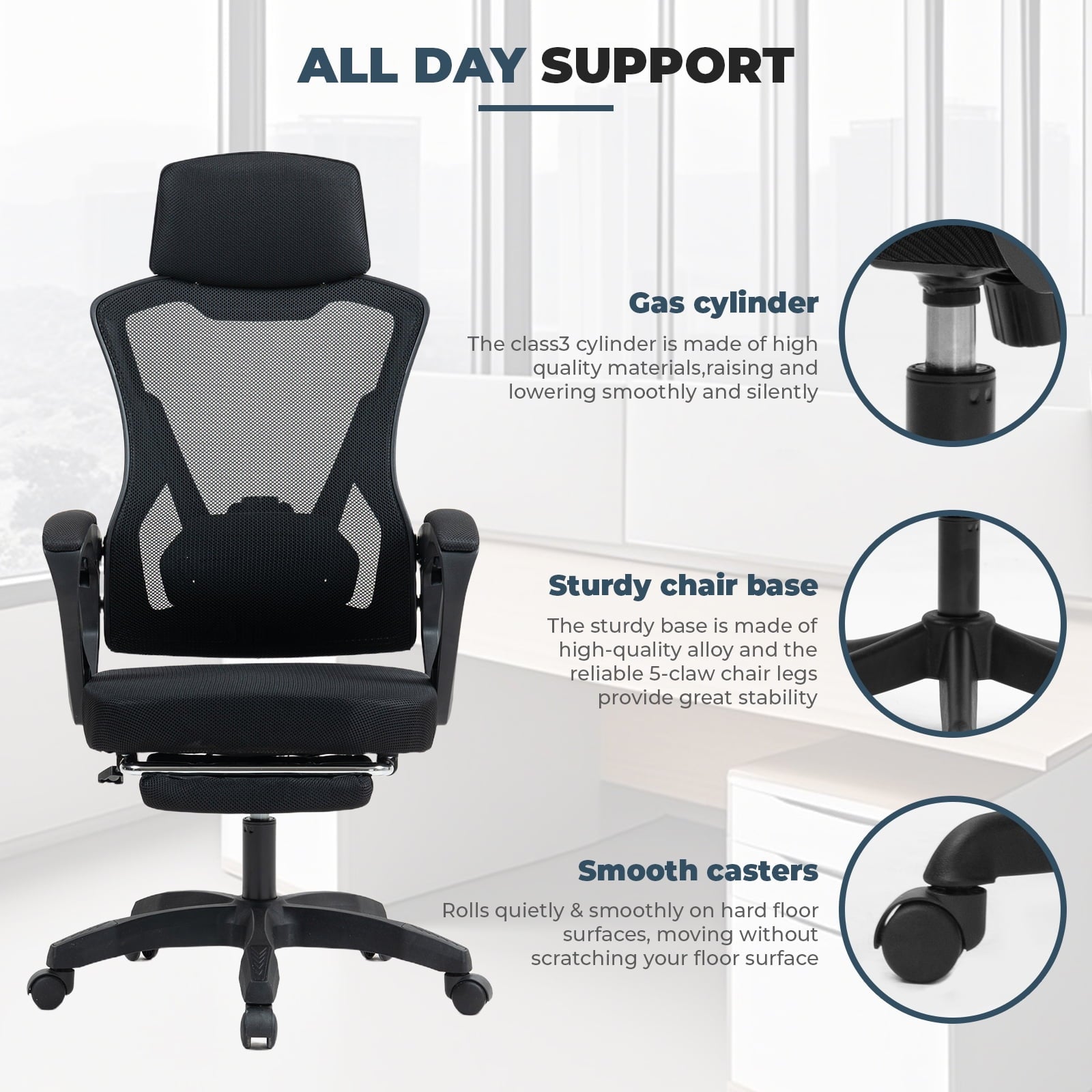 Alvantor High Back Ergonomic Office Chair, Adjustable Lumbar Support & Headrest, Black