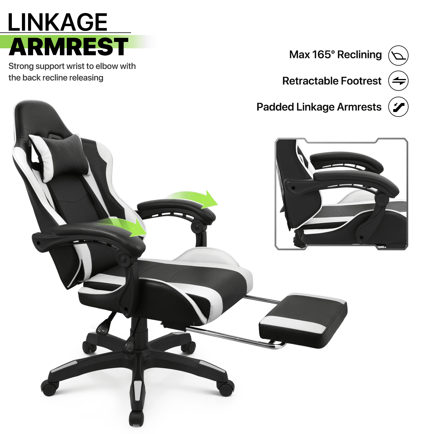 Magshion Rolling Gaming Chair, Adjustable Faux Leather Computer Seat with Lumbar Support for Adults Teens Desk Chair, White