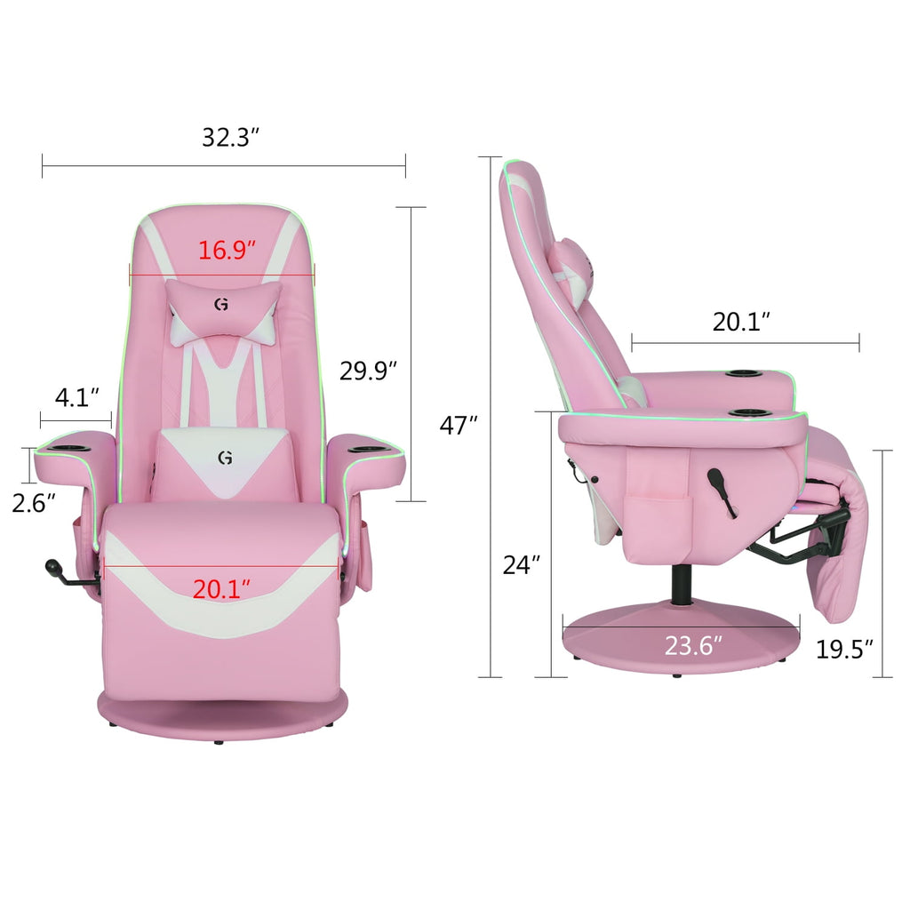 Queen Throne Racing Gaming Chair with Footrest and Adjustable Backrest Ergonomic Recliner High Back Swivel Chair with RGB LED Lights, Massage Lumbar Support, Headrest and Cupholders, Pink White
