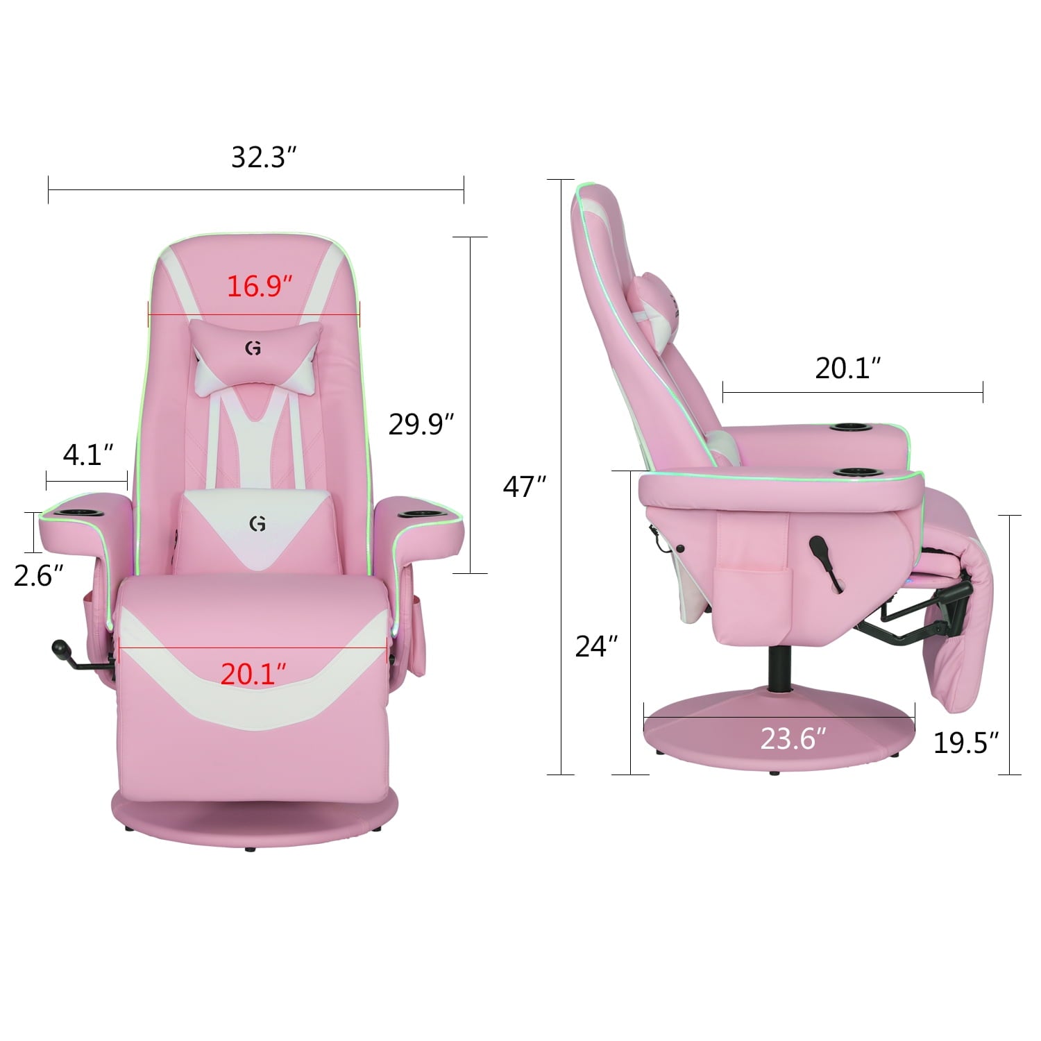 Queen Throne Racing Gaming Chair with Footrest and Adjustable Backrest Ergonomic Recliner High Back Swivel Chair with RGB LED Lights, Massage Lumbar Support, Headrest and Cupholders, Pink White