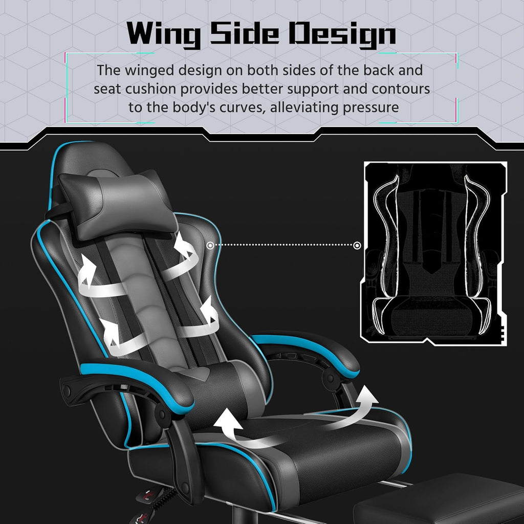 Gaming Chair, Video Game Chair with Massage Lumbar Support and Footrest Height Adjustable Ergonomic Computer Chair with Swivel Seat and Headrest, Black/Gray